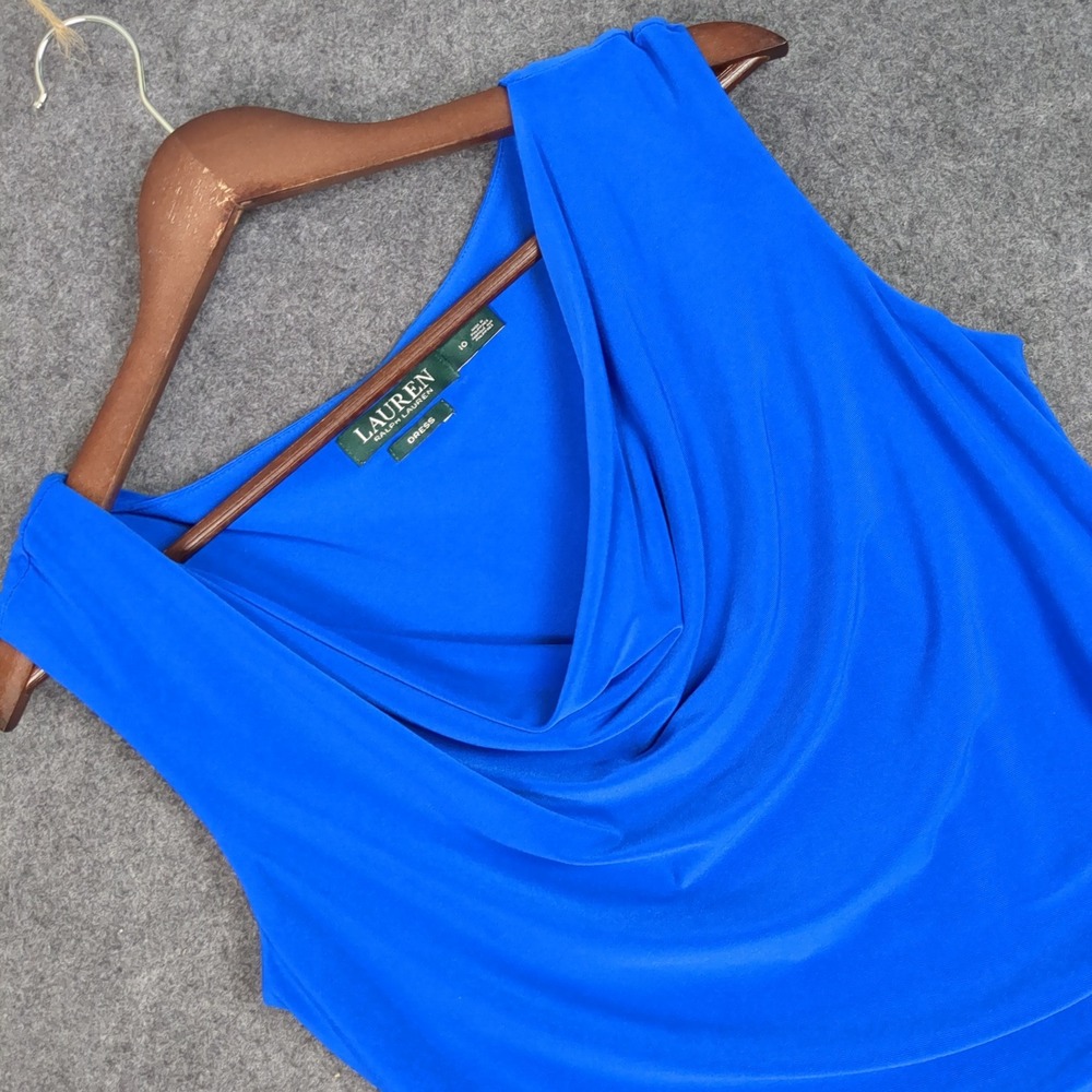 Ralph Lauren Royal Blue Cowl Neck Ruched Sheath Dress Size 10 Sleeveless